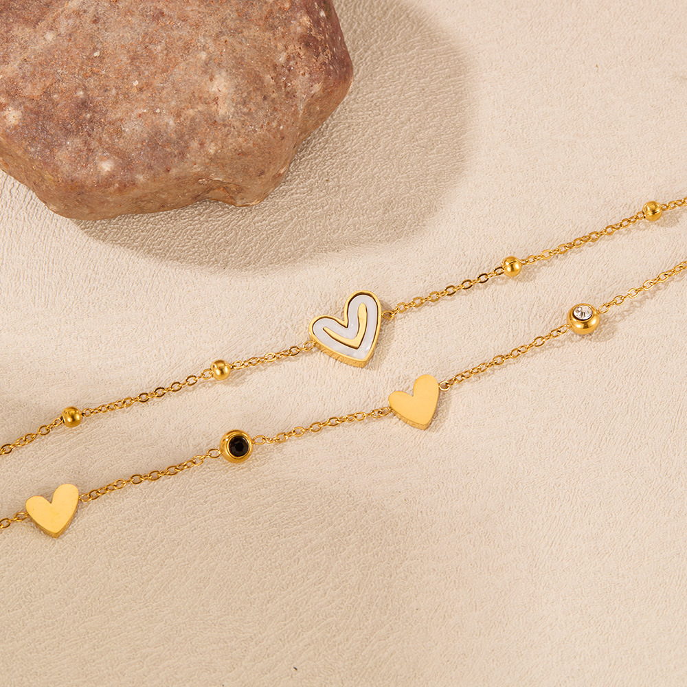 Fußkette mit Anhänger Gold Edelstahl – Doppelreihig mit Herz & Smiley aus Natur Perlmutt