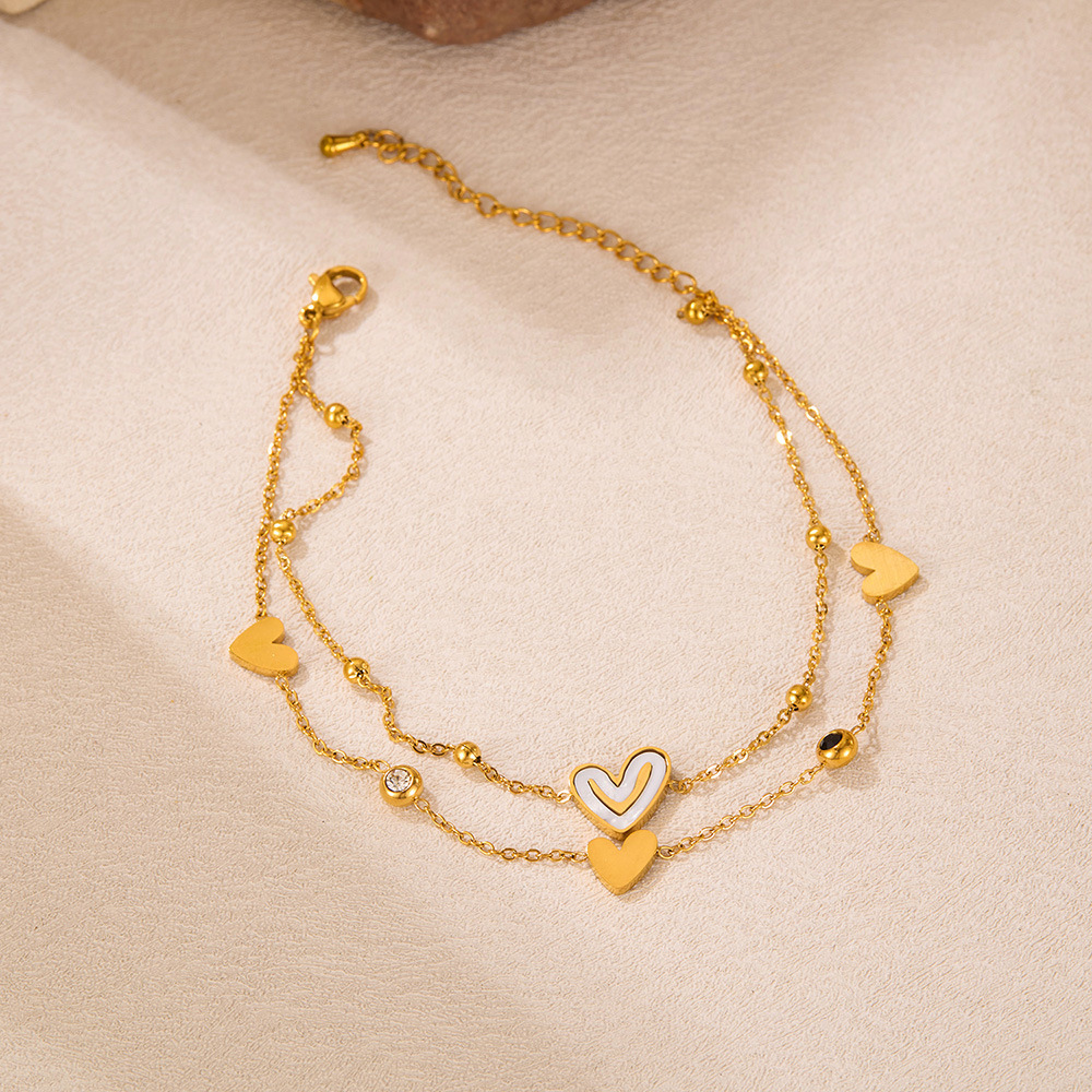 Fußkette mit Anhänger Gold Edelstahl – Doppelreihig mit Herz & Smiley aus Natur Perlmutt