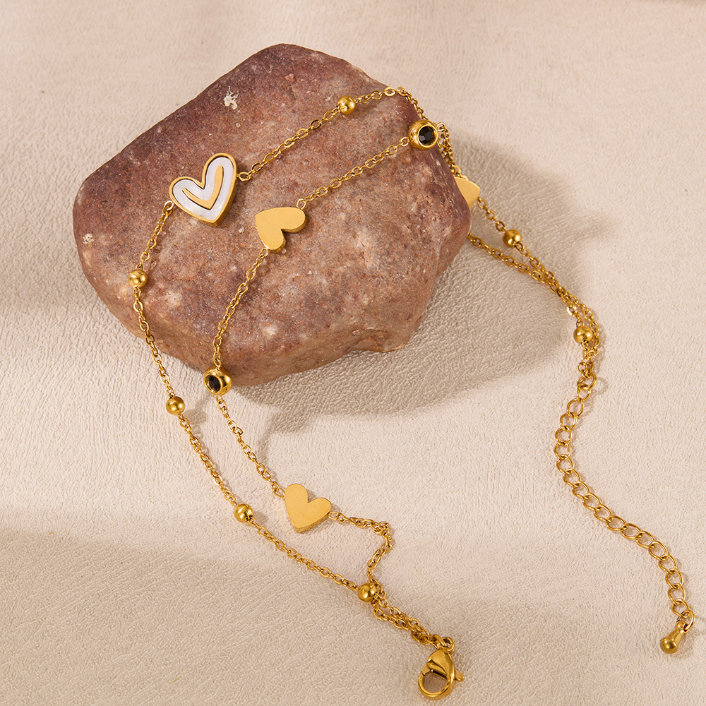 Fußkette mit Anhänger Gold Edelstahl – Doppelreihig mit Herz & Smiley aus Natur Perlmutt