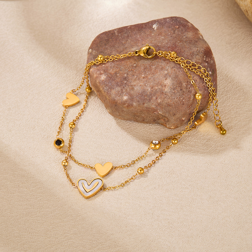 Fußkette mit Anhänger Gold Edelstahl – Doppelreihig mit Herz & Smiley aus Natur Perlmutt