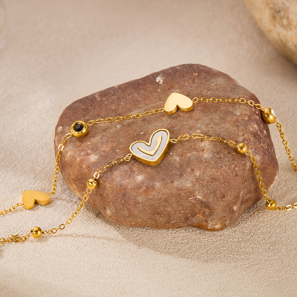 Fußkette mit Anhänger Gold Edelstahl – Doppelreihig mit Herz & Smiley aus Natur Perlmutt