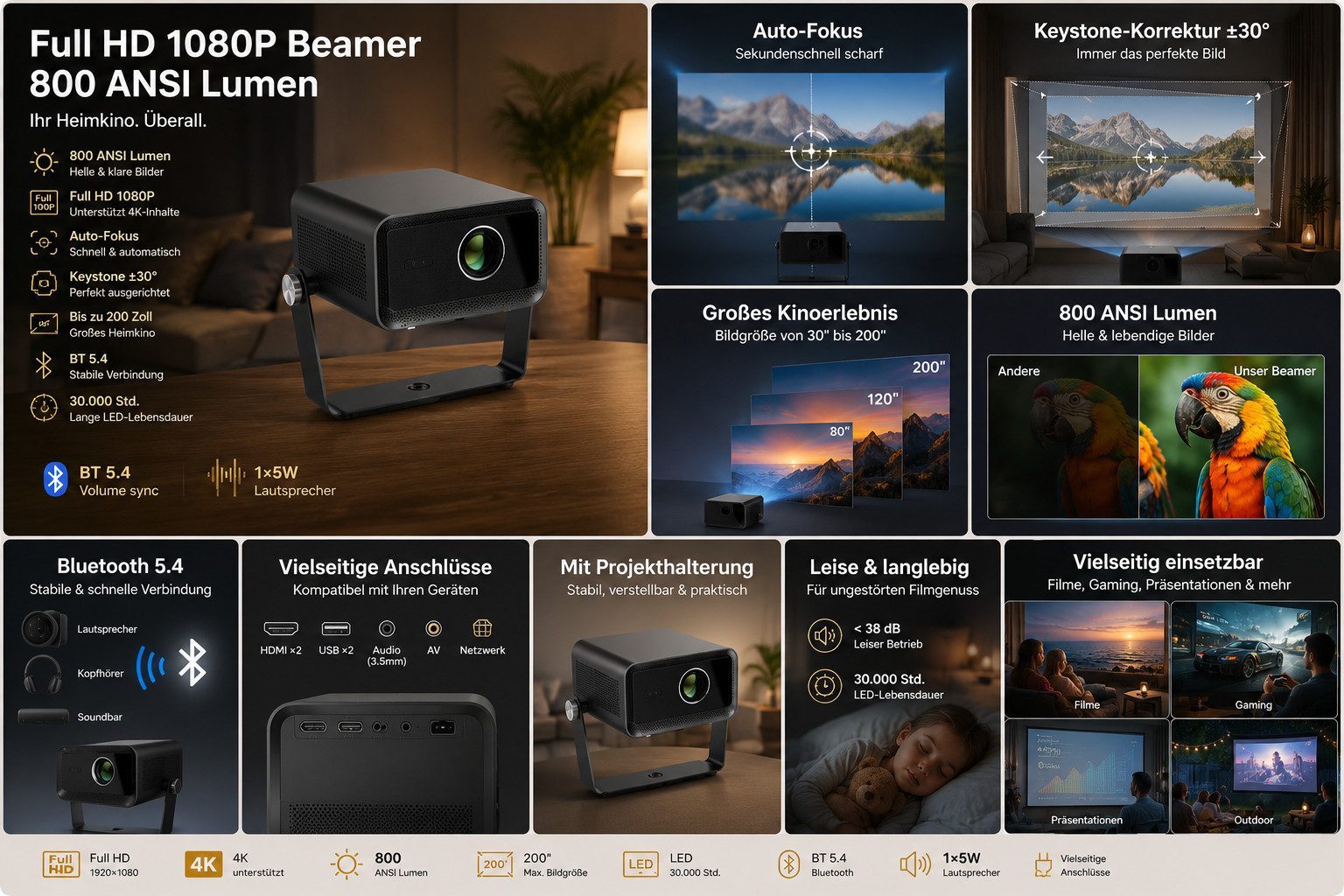 Full HD Beamer 1080P mit 800 ANSI Lumen, Autofokus, Keystone-Korrektur, bis 200 Zoll, 2× HDMI/2× USB, Weiß/Schwarz