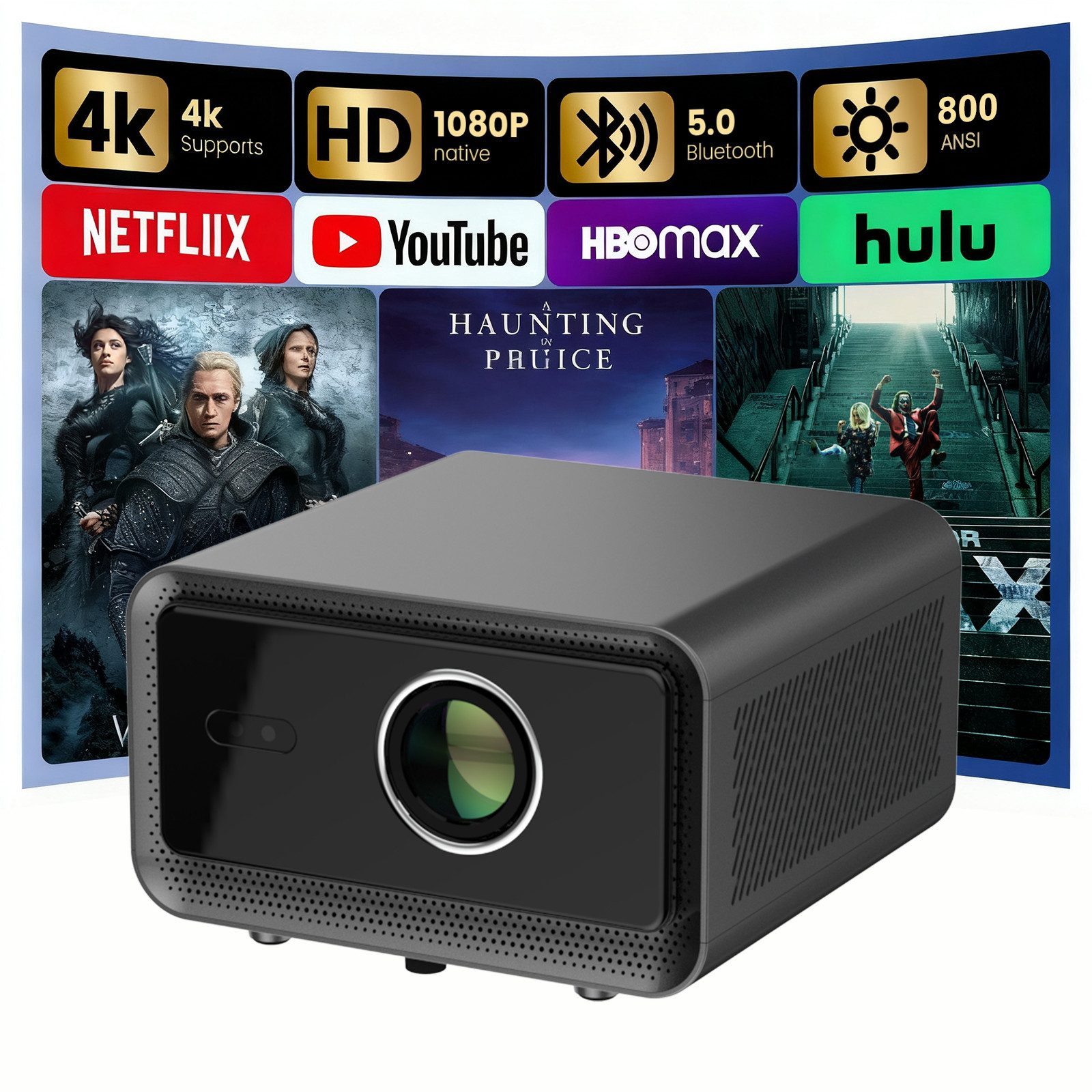 Full HD Beamer 1080P mit 800 ANSI Lumen, Autofokus, Keystone-Korrektur, bis 200 Zoll, 2× HDMI/2× USB, Weiß/Schwarz