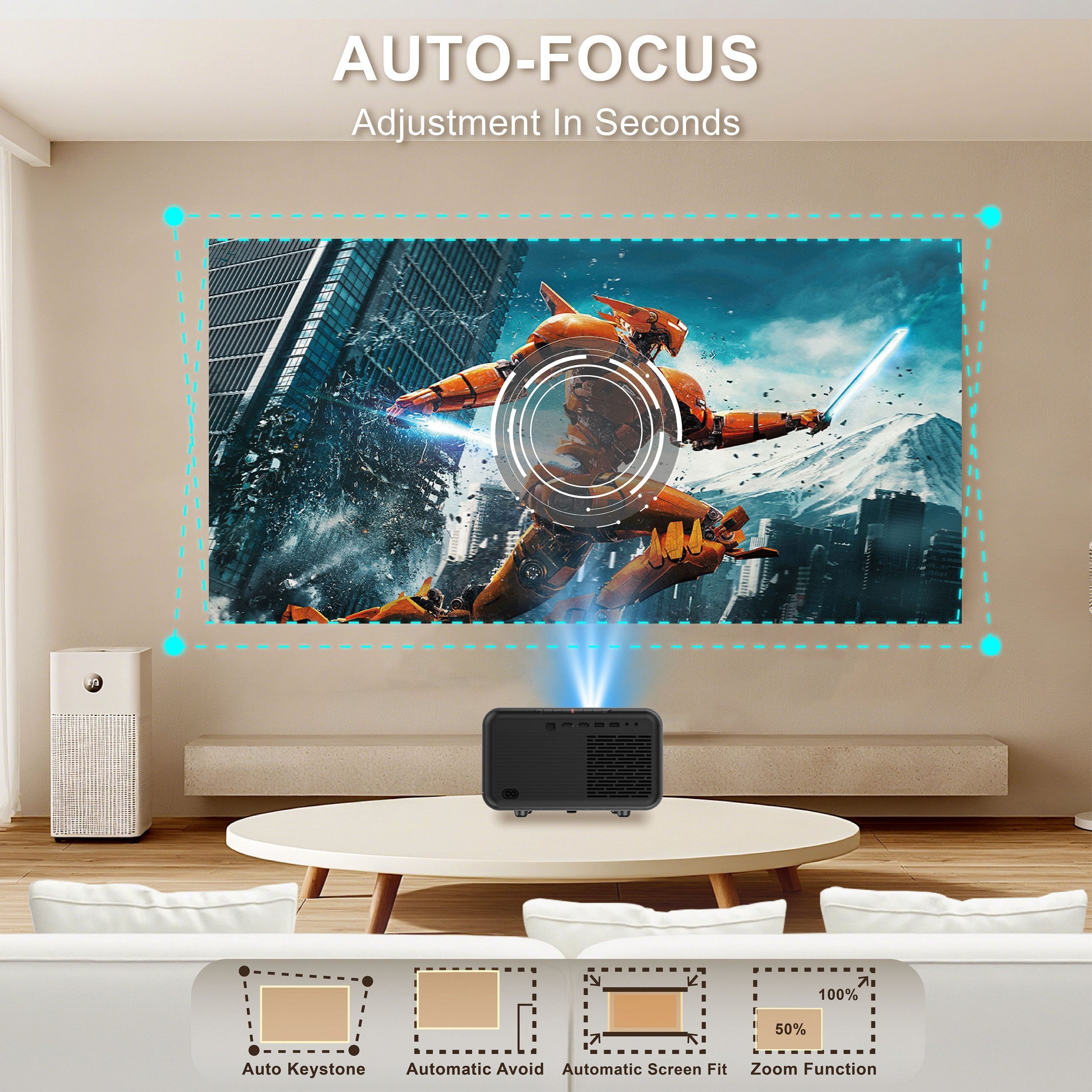 Full HD Beamer 1080P mit 800 ANSI Lumen, Autofokus, Keystone-Korrektur, bis 200 Zoll, 2× HDMI/2× USB, Weiß/Schwarz