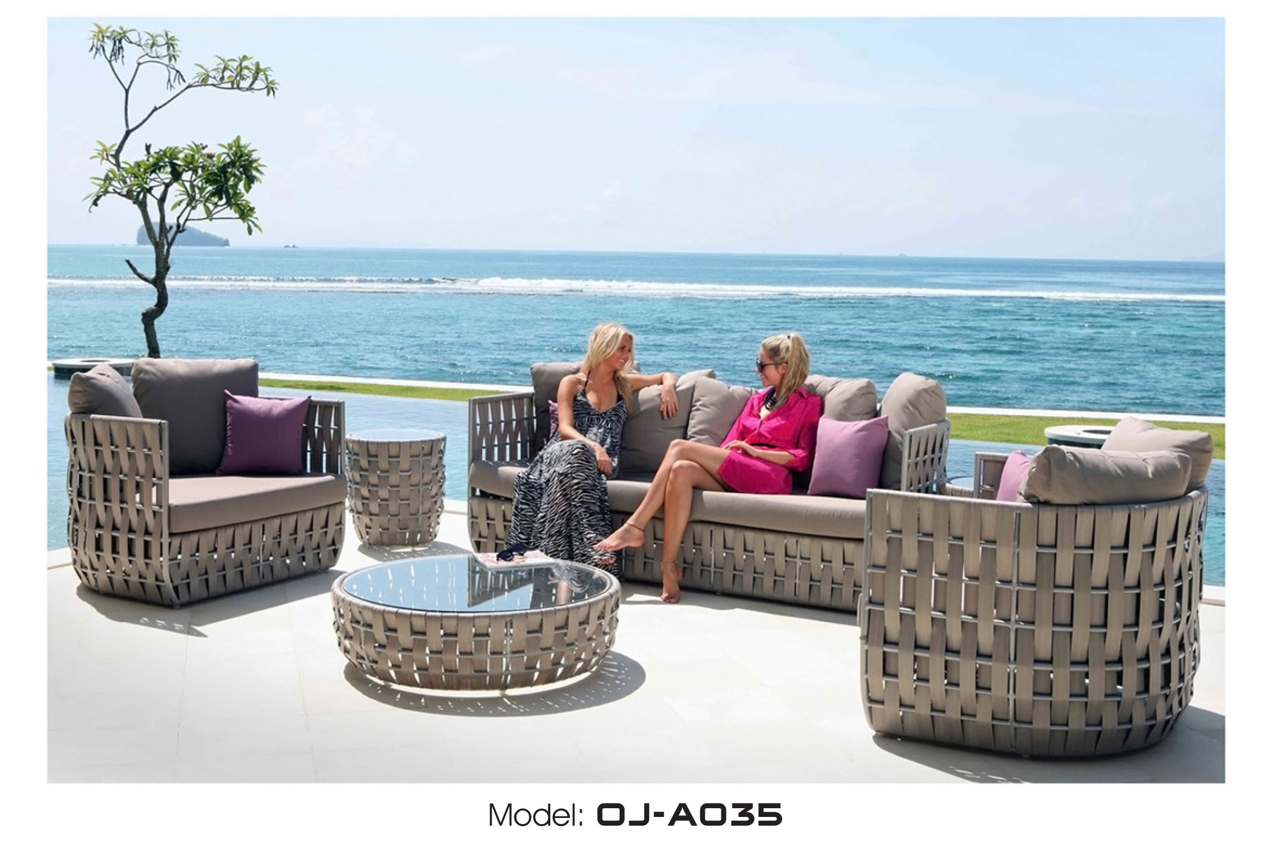Outdoor Rattan Sofa and Round Coffee Table Set