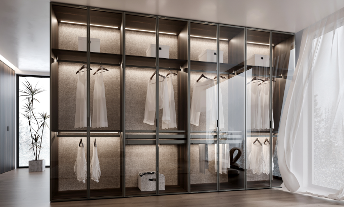 Aluminum Framed Dark Wood Panel Wardrobe