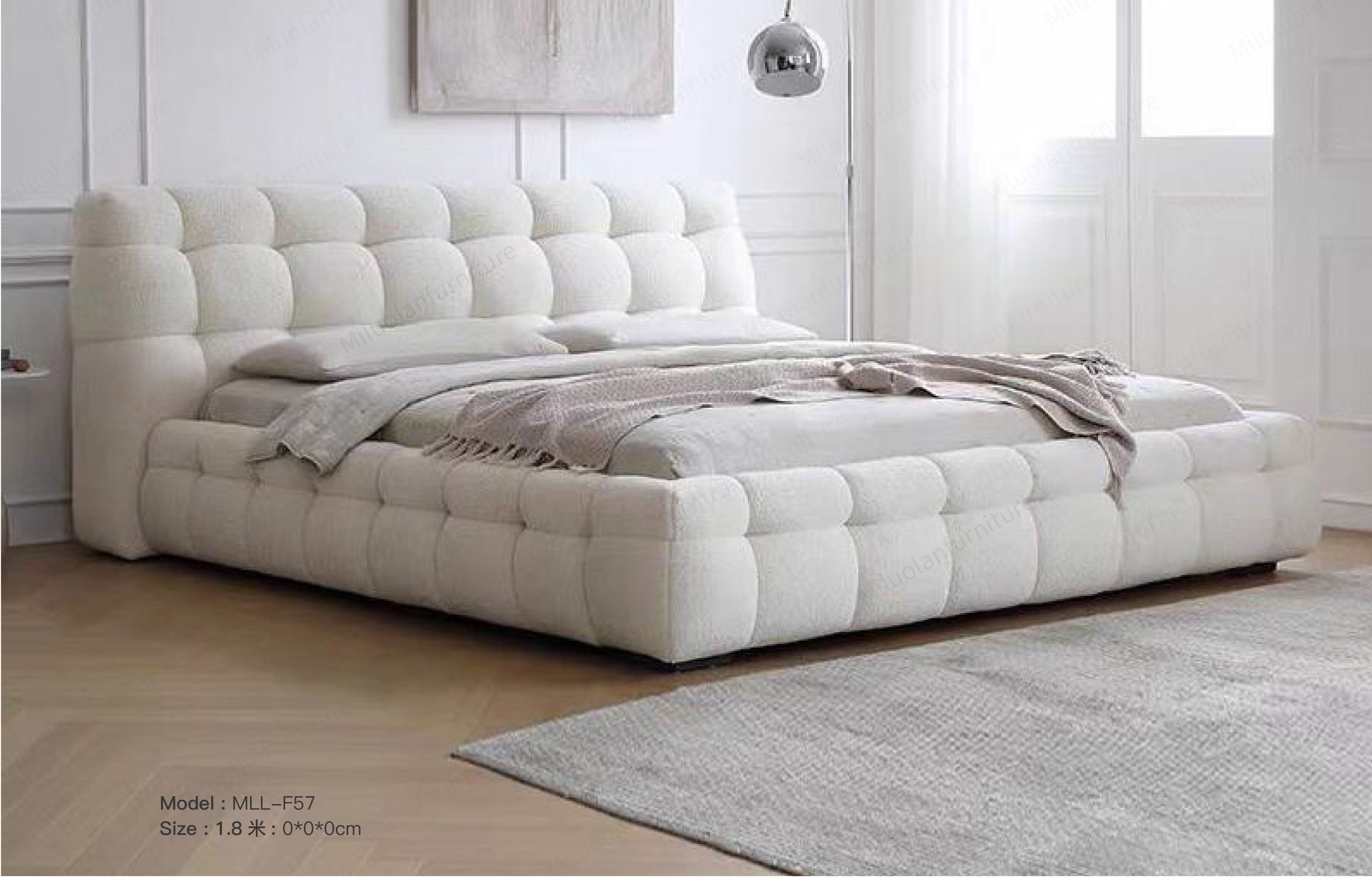 Nordic  Cream Fabric Puff Double Bed