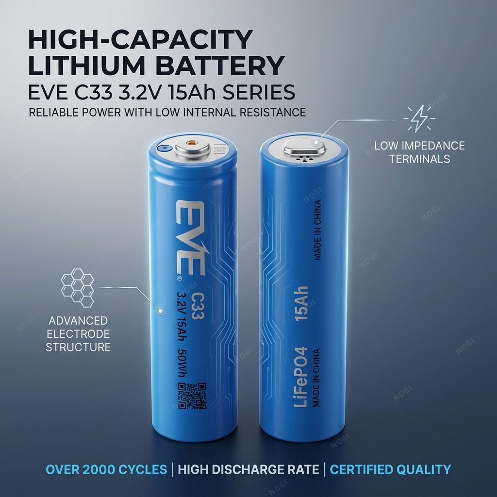 EVE C33 33140 LiFePO4 battery 15Ah 2500+ Cycles lfp cell for ESS & Long‑Duration Power,NOGIPower ,EVE C33 33140 LiFePO4 battery 15Ah 2500+ Cycles lfp cell for ESS & Long‑Duration Power