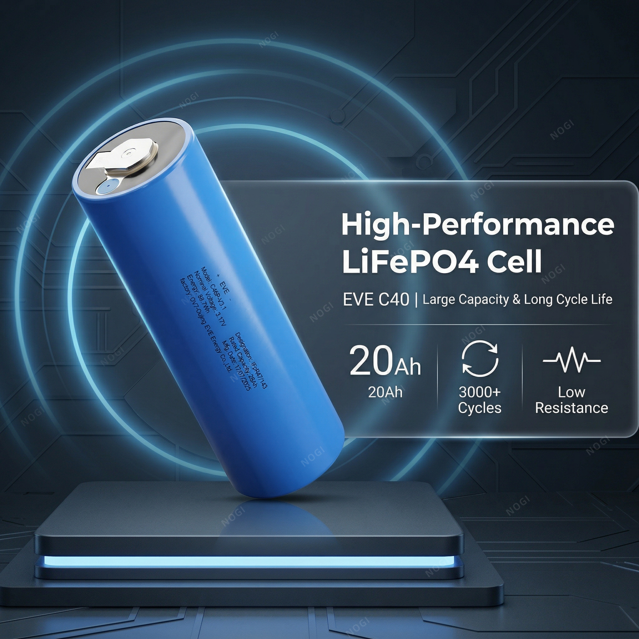 EVE C40 20Ah LiFePO4 Cell – 2000+ Cycles & Ultra Safety for ESS & Long‑Term Power,NOGIPower ,EVE C40 20Ah LiFePO4 Cell – 2000+ Cycles & Ultra Safety for ESS & Long‑Term Power