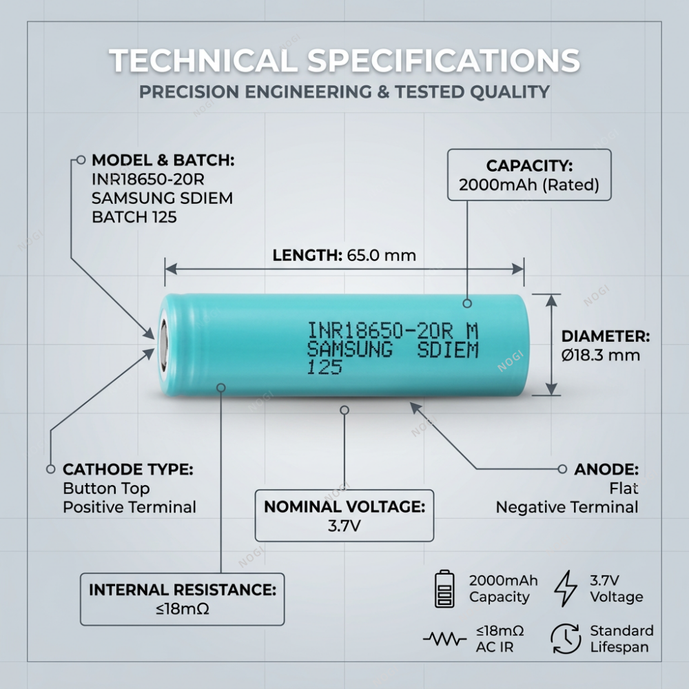 Samsung INR18650-20R 18650 2000mAh| 22A High Discharge Safe 18650 Cell for Power Tools & EV,NOGIPower ,Samsung INR18650-20R 18650 2000mAh| 22A High Discharge Safe 18650 Cell for Power Tools & EV
