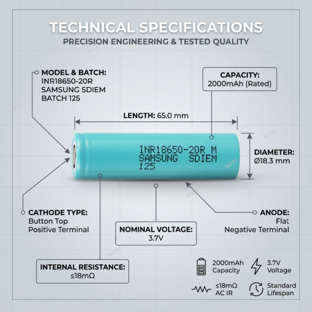 Samsung INR18650-20R 18650 2000mAh| 22A High Discharge Safe 18650 Cell for Power Tools & EV,NOGIPower ,Samsung INR18650-20R 18650 2000mAh| 22A High Discharge Safe 18650 Cell for Power Tools & EV