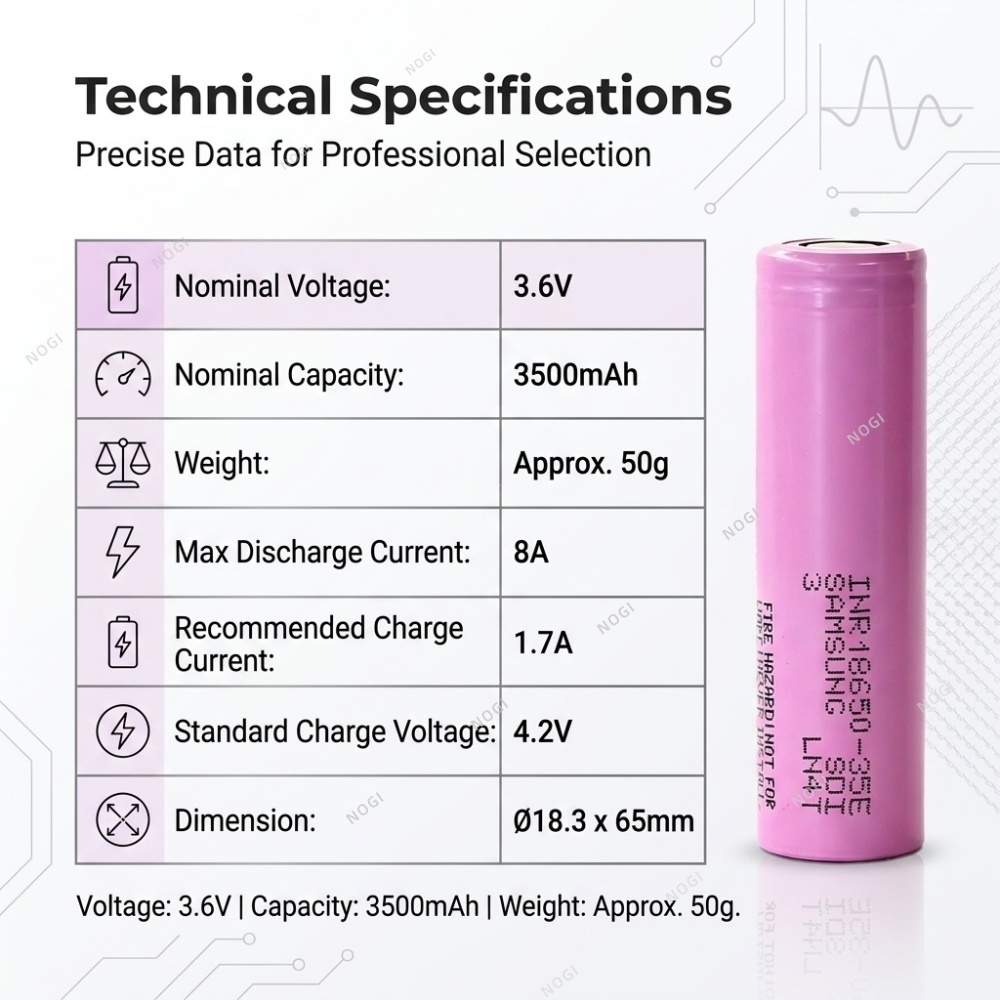 3500mAh High Capacity 18650 Battery | Samsung INR18650-35E for Long Runtime,NOGIPower ,3500mAh High Capacity 18650 Battery | Samsung INR18650-35E for Long Runtime