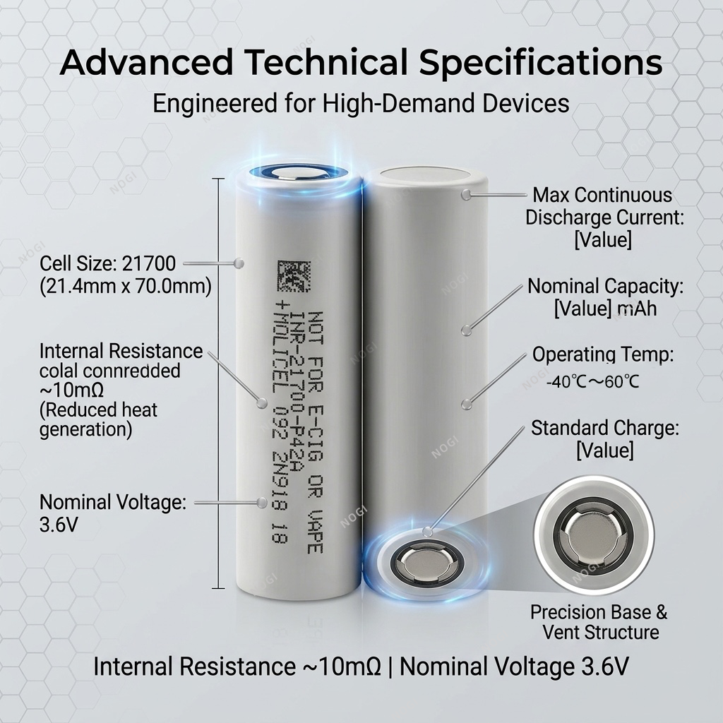 Molicel INR21700‑P42A 4200mAh 45A High Drain Li‑ion Battery 3.7V 21700 battery cell for Power Tools & EV,NOGIPower ,Molicel INR21700‑P42A 4200mAh 45A High Drain Li‑ion Battery 3.7V 21700 battery cell for Power Tools & EV
