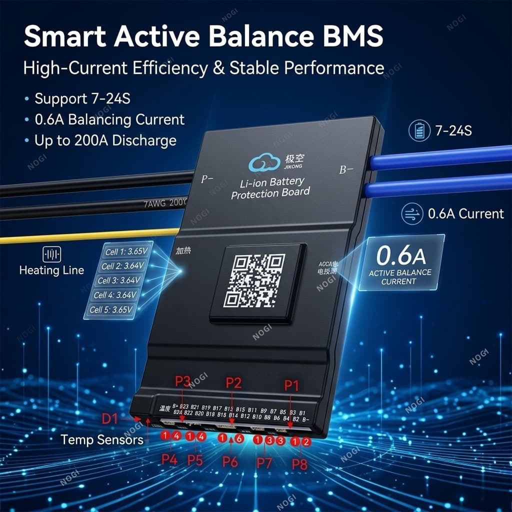 JIKONG BD6A24 Series 60A‑300A Continuous Discharge Smart BMS 0.6A Active Balance Lithium Battery Management System,NOGIPower ,JIKONG BD6A24 Series 60A‑300A Continuous Discharge Smart BMS 0.6A Active Balance Lithium Battery Management System