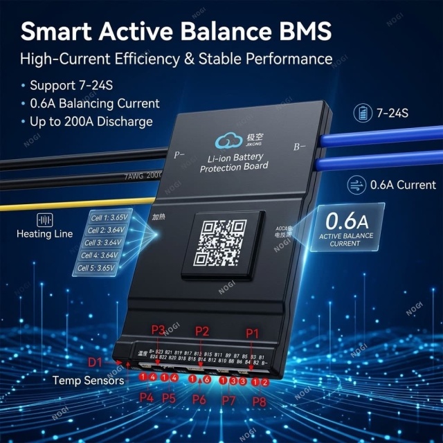 JIKONG BD6A24 Series 60A‑300A Continuous Discharge Smart BMS 0.6A Active Balance Lithium Battery Management System,NOGIPower ,JIKONG BD6A24 Series 60A‑300A Continuous Discharge Smart BMS 0.6A Active Balance Lithium Battery Management System