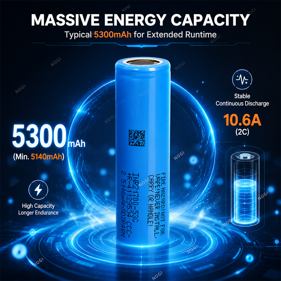 Samsung INR21700-53G1 5300mAh 3.63V Cylindrical Lithium Ion Cell 2C Continuous Discharge,NOGIPower ,Samsung INR21700-53G1 5300mAh 3.63V Cylindrical Lithium Ion Cell 2C Continuous Discharge