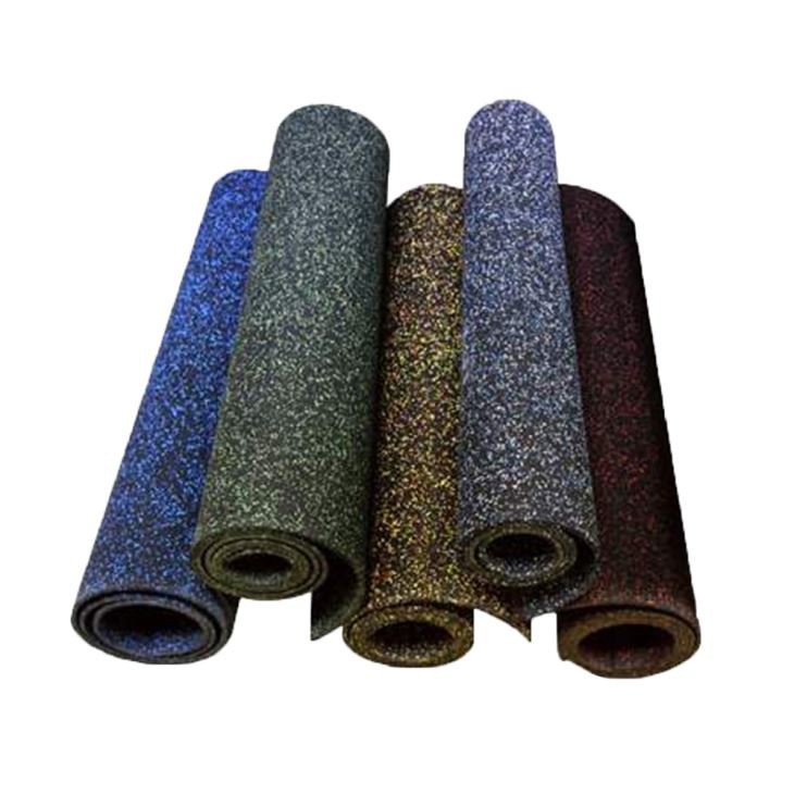 High-impact black EPDM gym mat with blue granules for commercial training centers.