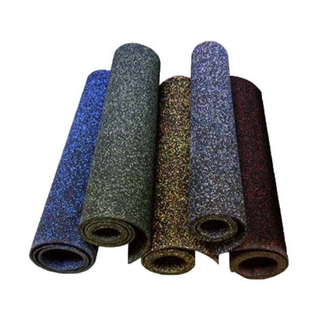 High-impact black EPDM gym mat with blue granules for commercial training centers.
