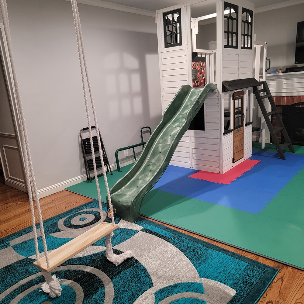 Easy cleaning of a waterproof home sport mat after a workout spill.