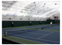Customizable acrylic sports flooring featuring a sports club logo and multi-color design.