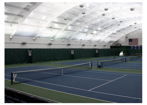 Customizable acrylic sports flooring featuring a sports club logo and multi-color design.