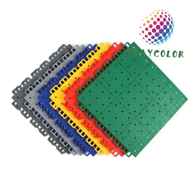 Close-up of the interlocking edge system for easy tool-free tile installation.
