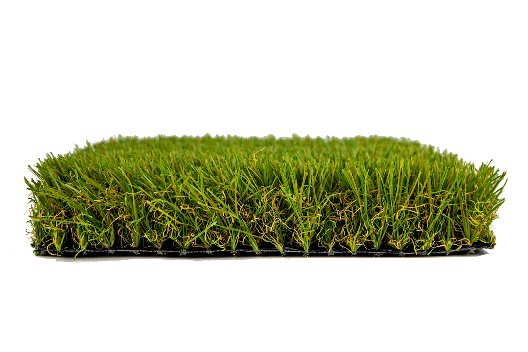 Close-up of M-shape artificial fibers showing bounce-back resilience and 58mm pile height.