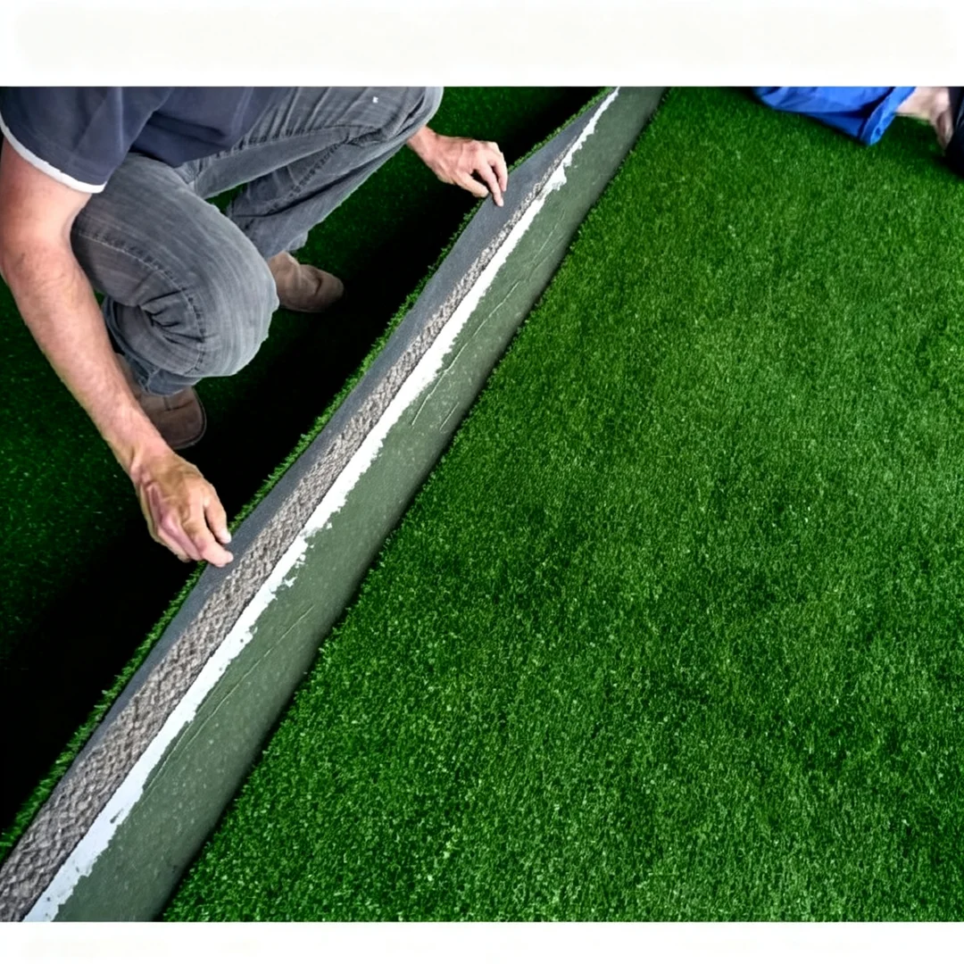 View of the durable PP, net, and SBR latex backing on high-density football grass.