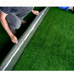 View of the durable PP, net, and SBR latex backing on high-density football grass.