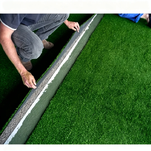 View of the durable PP, net, and SBR latex backing on high-density football grass.
