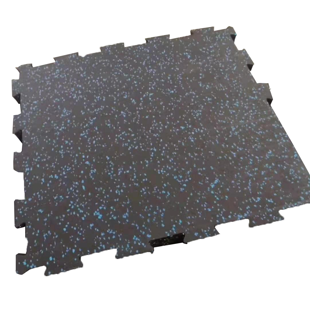 Heavy-duty black rubber interlocking tiles featuring blue EPDM flecks for gym flooring.
