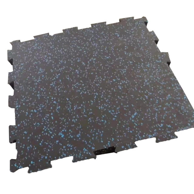 Heavy-duty black rubber interlocking tiles featuring blue EPDM flecks for gym flooring.
