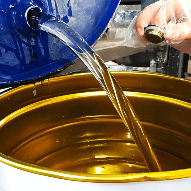 Close-up of transparent one-component PU binder showing its high viscosity and clarity.