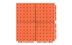 Underside view of a 305×305×13mm TPR sports flooring tile showing the dense reinforced support feet grid and hexagonal drainage hole exits, demonstrating the load distribution and vertical drainage path of the modular thermoplastic rubber tile structure.