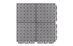 Top-down view of a 305×305×13mm thermoplastic rubber sports flooring tile showing the thickened hexagonal surface texture and hexagonal through-hole drainage perforations, in grass green, as used on outdoor school sports courts and municipal fitness project surfaces.