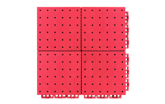 Close-up of the reinforced interlocking perimeter joint and small grid soft connection design on a 305×305mm thermoplastic rubber sports tile, showing the flexible joint geometry that accommodates thermal expansion and contraction in large outdoor sports surface installations.