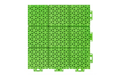 Close-up of the soft connection design perimeter joint between two adjacent 305×305×16mm double-layer hexagonal PP playground tiles, showing the compliant connection geometry that accommodates thermal expansion and substrate irregularity without joint separation in outdoor school playground installations.
