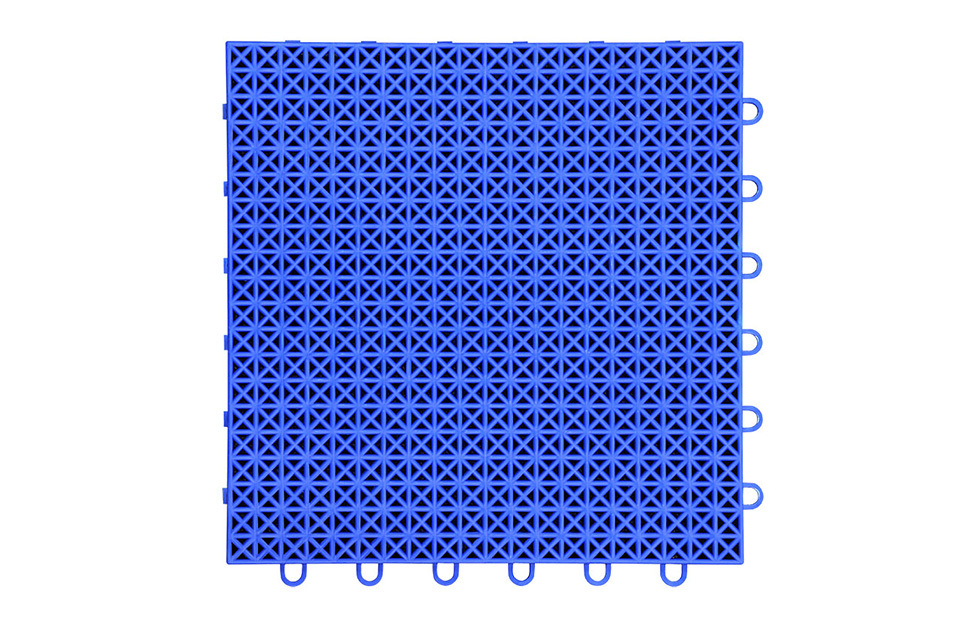 Profile and underside view of a 305×305×14.2mm herringbone PP interlocking flooring tile showing the double-layer herringbone structure and double support feet, illustrating the two-stage vertical impact absorption path and dual-contact ground stability mechanism for leisure and children's activity safety surface use.