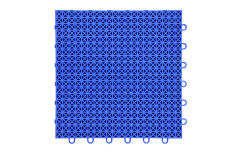 Profile and underside view of a 305×305×14.2mm herringbone PP interlocking flooring tile showing the double-layer herringbone structure and double support feet, illustrating the two-stage vertical impact absorption path and dual-contact ground stability mechanism for leisure and children's activity safety surface use.