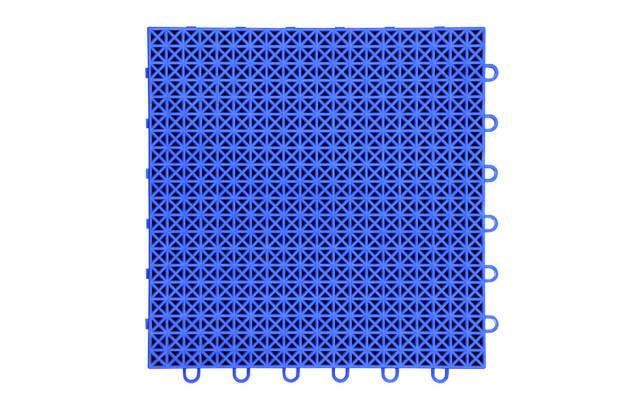 Profile and underside view of a 305×305×14.2mm herringbone PP interlocking flooring tile showing the double-layer herringbone structure and double support feet, illustrating the two-stage vertical impact absorption path and dual-contact ground stability mechanism for leisure and children's activity safety surface use.