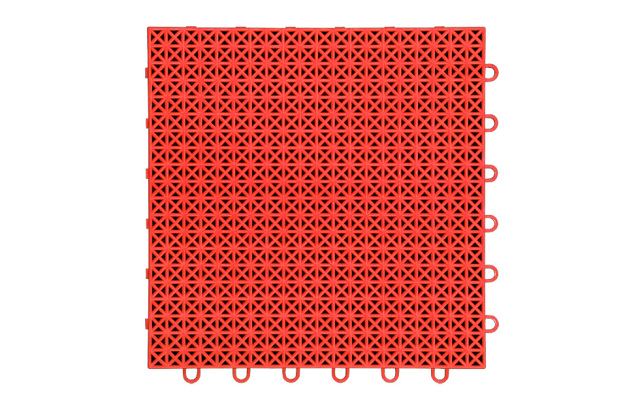 Top-down view of a 305×305×14.2mm herringbone polypropylene interlocking flooring tile showing the thickened and enlarged herringbone surface pattern with smooth-treated ribs, in vibrant imported-color-powder finish, designed for anti-slip performance in kindergarten activity areas, community leisure spaces, and family balcony installations.