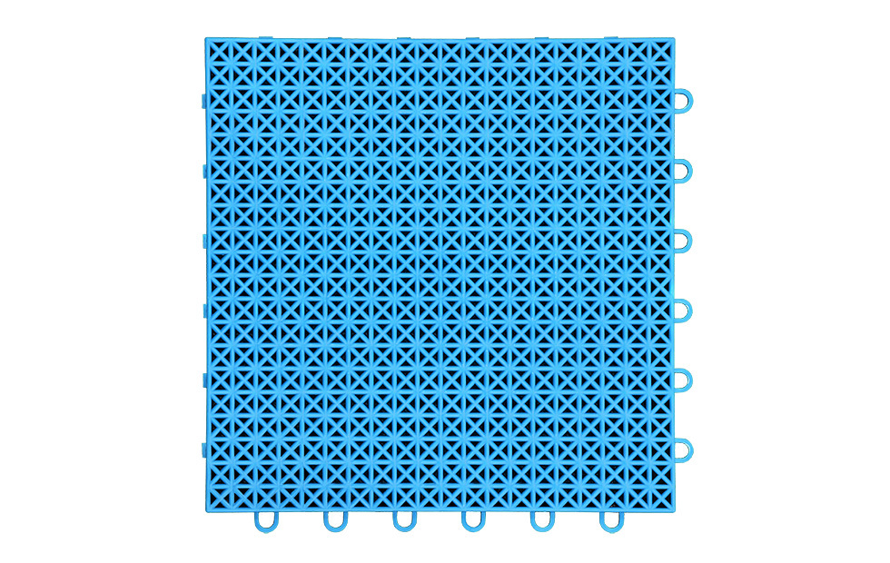 Close-up of the precise interlocking connection joint between two adjacent 305×305×14.2mm herringbone PP flooring tiles, showing the engagement geometry that prevents detachment, deformation, and fracture under dynamic loading in kindergarten, leisure area, and balcony floor installations.