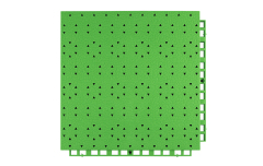Top-down view of a 305×305×13mm thermoplastic rubber outdoor safety flooring tile showing the gem-textured surface pattern with triangular row drainage holes and auxiliary drainage grooves, designed for anti-slip grip and rapid water evacuation on kindergarten and nursery school outdoor activity surfaces.