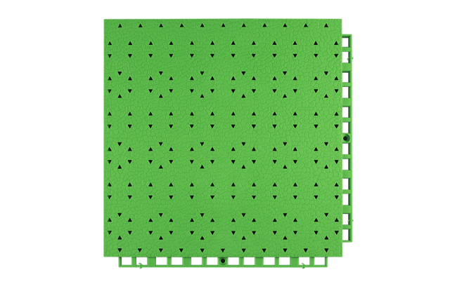 Top-down view of a 305×305×13mm thermoplastic rubber outdoor safety flooring tile showing the gem-textured surface pattern with triangular row drainage holes and auxiliary drainage grooves, designed for anti-slip grip and rapid water evacuation on kindergarten and nursery school outdoor activity surfaces.