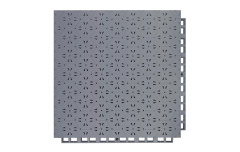 Installed 305×305×14mm thermoplastic rubber safety flooring tiles on an outdoor dual-use surface serving a sports field and kindergarten activity area, showing the patchwork thermal expansion joint design between adjacent tiles, uniform family hexagonal surface texture, and consistent tile alignment across the installed area.
