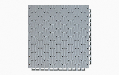 Angled profile and underside view of a 305×305×21mm TPV soft elastic sports flooring tile showing the octagonal ring-shaped base geometry and reinforced support corners of the dense interlocking connection system, illustrating the two-stage fall attenuation structure and inter-tile alignment mechanism for professional sports venue use.
