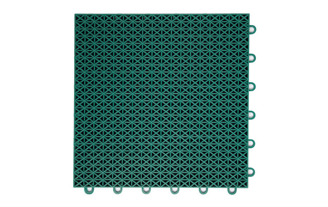 Top-down view of a 305×305×15.8mm double-layer diamond polypropylene interlocking sports tile showing the diamond matte surface pattern, designed for superior multi-directional anti-slip performance on basketball, volleyball, and badminton court surfaces.