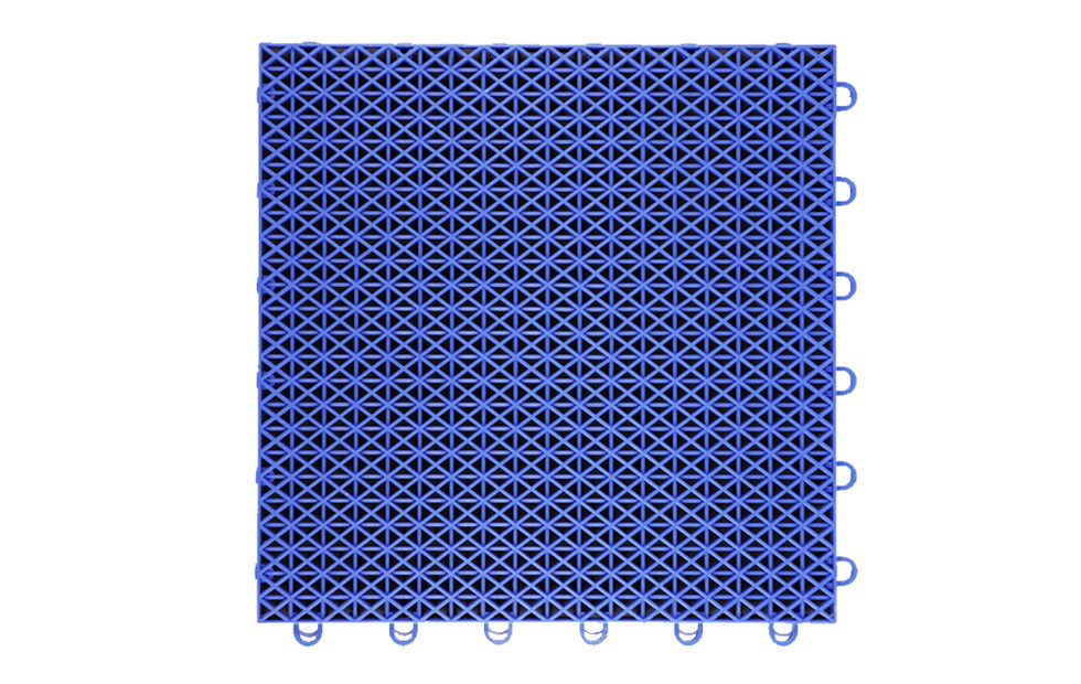 Underside view of a 305×305×15.8mm double-layer diamond PP interlocking sports tile showing the double support feet configuration, which distributes vertical impact and ground contact loads across two independent substrate contact points for improved ground stability on court sports surfaces.