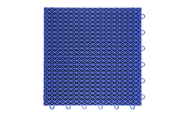 Underside view of a 305×305×15.8mm double-layer diamond PP interlocking sports tile showing the double support feet configuration, which distributes vertical impact and ground contact loads across two independent substrate contact points for improved ground stability on court sports surfaces.
