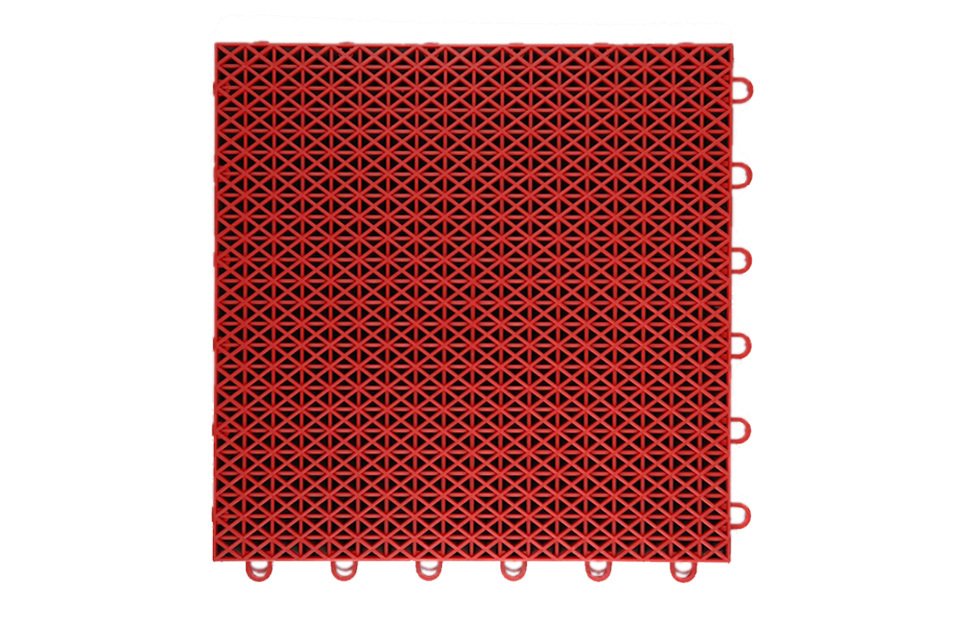 Profile cross-section view of a 305×305×15.8mm double-layer diamond PP sports tile showing the two-plane diamond layer structure and the dimensional precision of the four-point injection molded 15.8mm tile body, for basketball, volleyball, and badminton court installation.